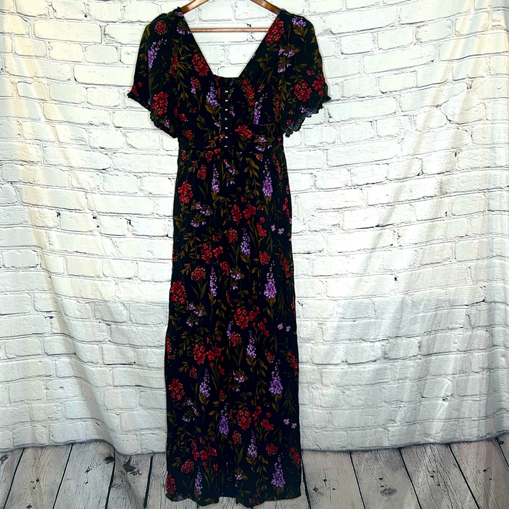 American Eagle Black Red Purple Floral Print Short Sleeve Jumpsuit Size 2